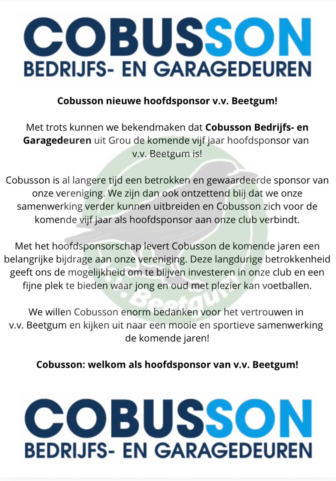 COBUSSON NIEUWE HOOFDSPONSOR V.V. BEETGUM